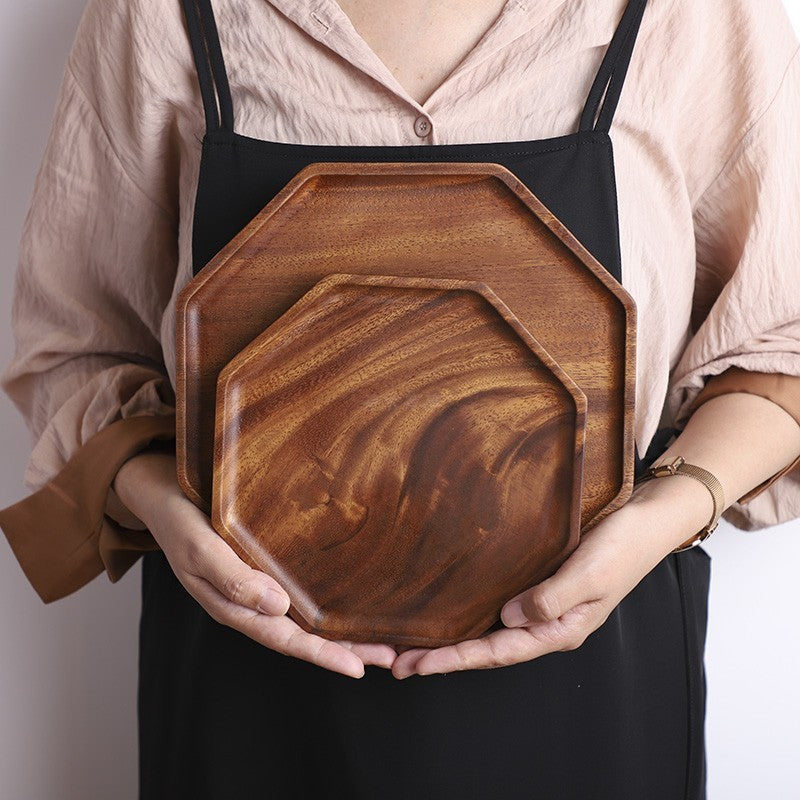 Japanese Style Wooden Solid Wood Log Octagonal Fruit Plate Tea Tray Walnut Household Water Cup Tray Meal Plate