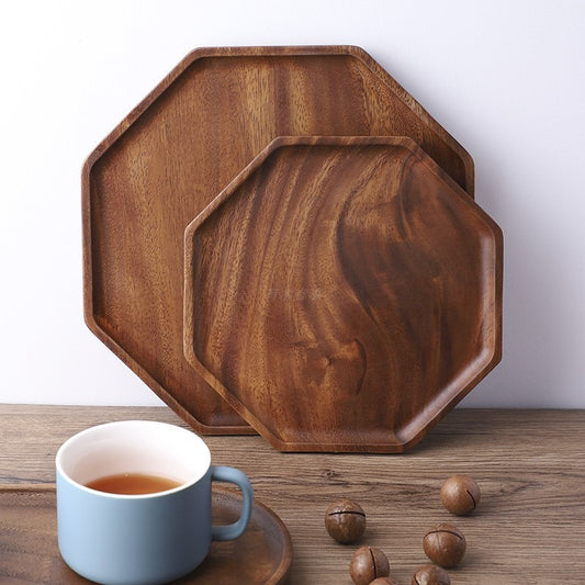 Japanese Style Wooden Solid Wood Log Octagonal Fruit Plate Tea Tray Walnut Household Water Cup Tray Meal Plate