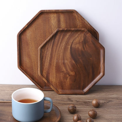 Japanese Style Wooden Solid Wood Log Octagonal Fruit Plate Tea Tray Walnut Household Water Cup Tray Meal Plate