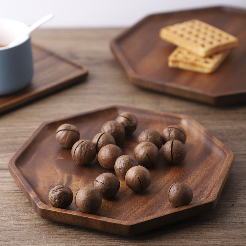 Japanese Style Wooden Solid Wood Log Octagonal Fruit Plate Tea Tray Walnut Household Water Cup Tray Meal Plate