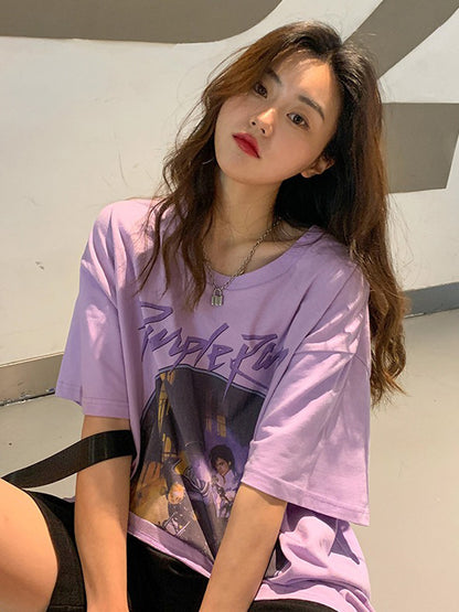 Vintage purple print loose loose short sleeve T-shirt - The Number 1 Things
