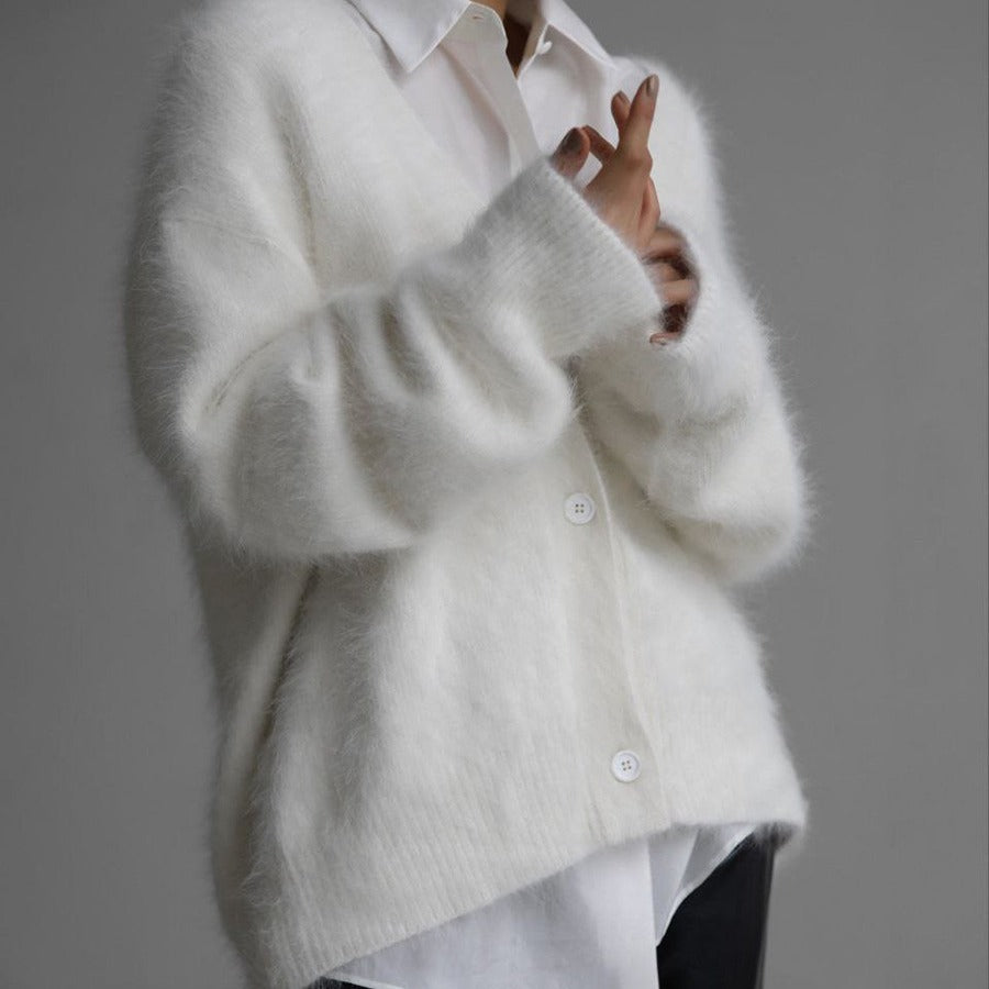 Loose V-Neck Button Cardigan Soft Fur Sweater For Women