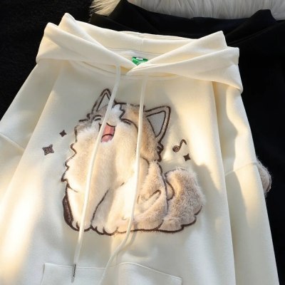Embroidered Kitten Female Fleece-lined Thickened Hooded Sweatshirt - The Number 1 Things