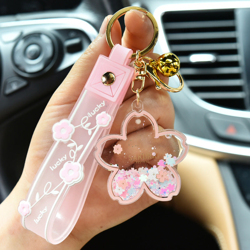 Cartoon Quicksand Cherry Blossom Keychain Acrylic Transparent Flower Oil Drift Bottle Bag Pedants Hangings - The Number 1 Things