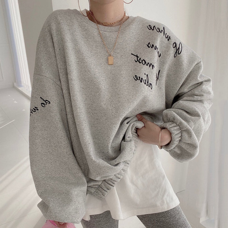 Women's Simple Round Neck Pullover Letter Print Loose Sweater - The Number 1 Things
