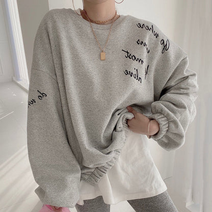 Women's Simple Round Neck Pullover Letter Print Loose Sweater - The Number 1 Things