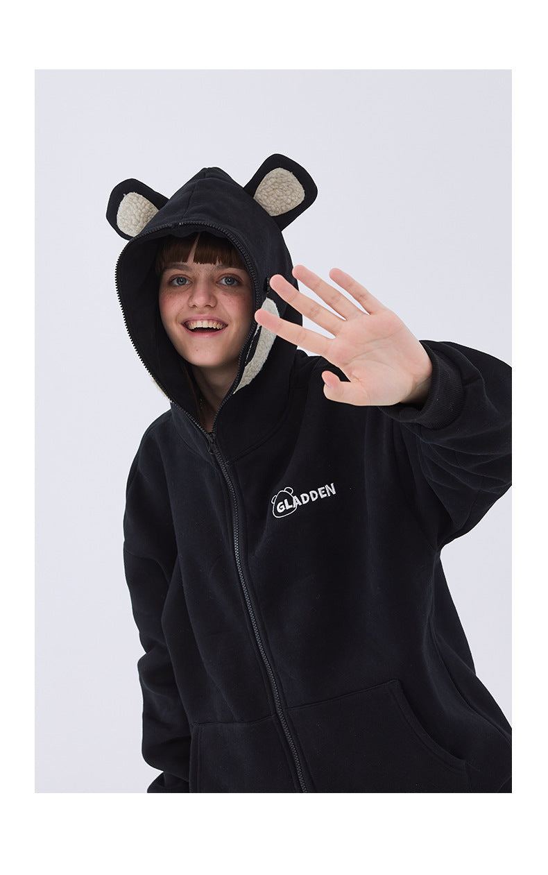 Bear embroidered couple zipper cardigan jacket