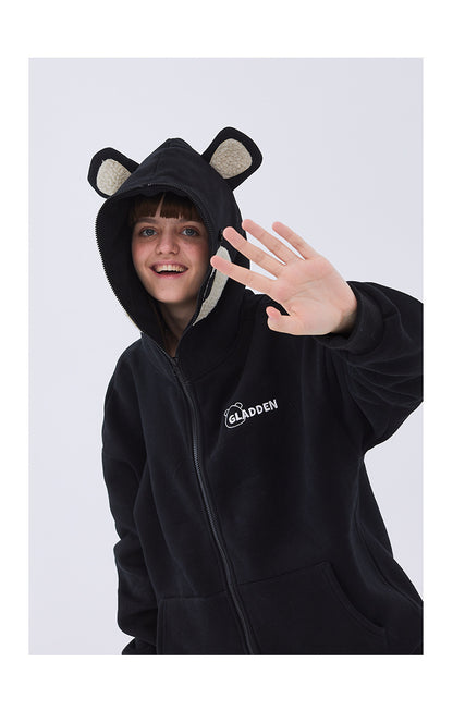 Bear embroidered couple zipper cardigan jacket