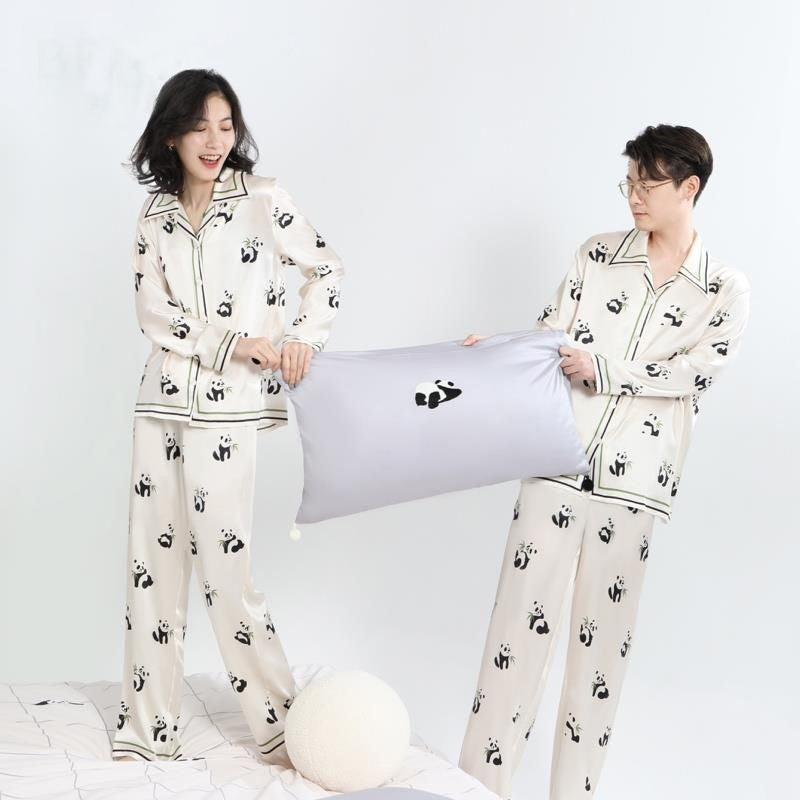 Ice Silk Panda Print Upper And Lower Pajamas