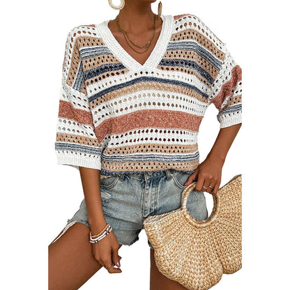 Autumn New Color Matching Hollow Out V-neck Sweater For Women - The Number 1 Things