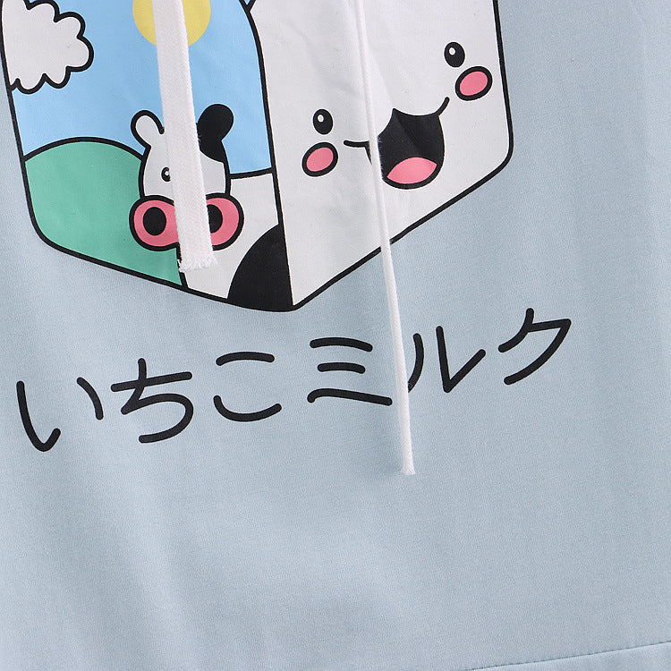 Childlike Sweet Milk Carton Print Hooded Colorblock Short Sleeve Hoodie