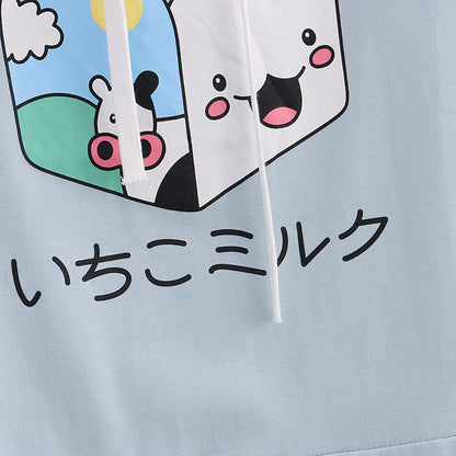 Childlike Sweet Milk Carton Print Hooded Colorblock Short Sleeve Hoodie