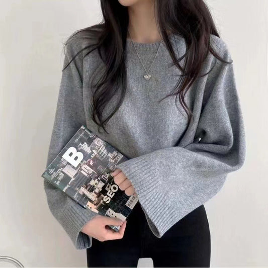Solid Color Loose Small Short Long Sleeve Round Neck Pullover Sweater