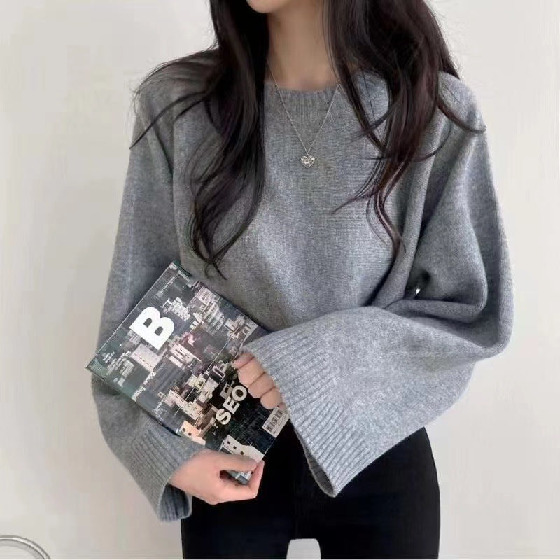 Solid Color Loose Small Short Long Sleeve Round Neck Pullover Sweater