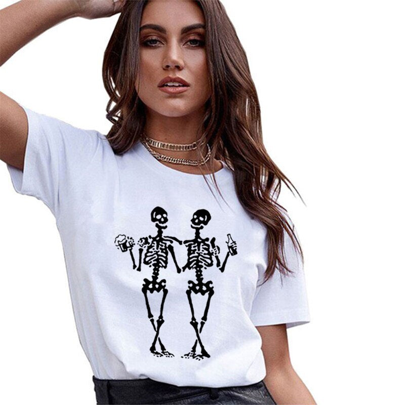 Dancing skull drinking beer funny printed casual women's T-shirt - The Number 1 Things
