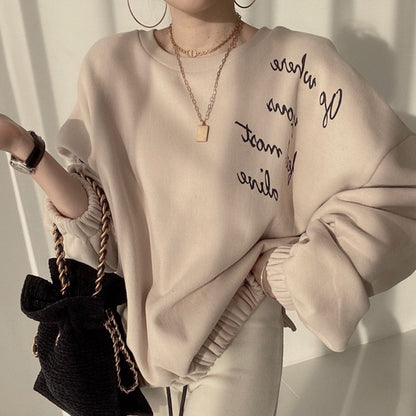 Women's Simple Round Neck Pullover Letter Print Loose Sweater - The Number 1 Things