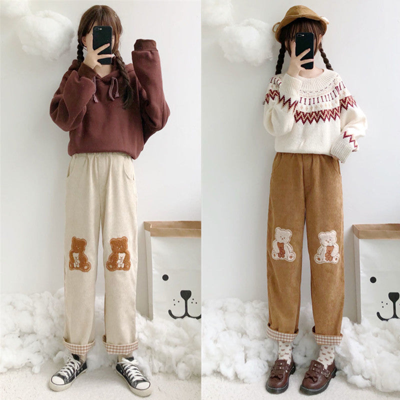 Corduroy Sweatpants Sports Bear Trousers