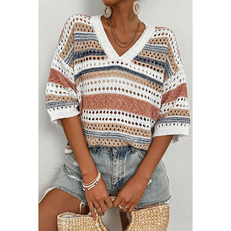 Autumn New Color Matching Hollow Out V-neck Sweater For Women - The Number 1 Things