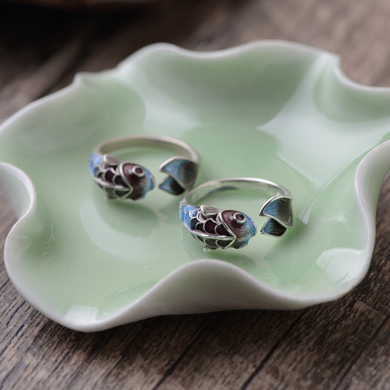 S925 Silver Retro Classical Roasted Blue Carp Koi Ring - The Number 1 Things
