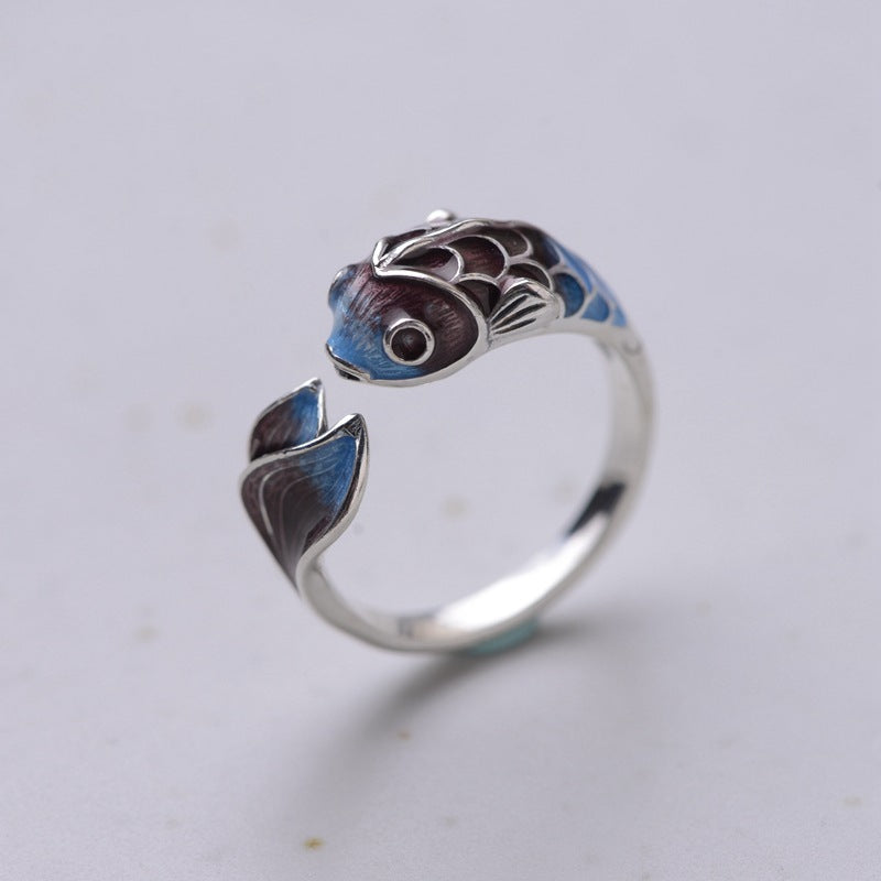 S925 Silver Retro Classical Roasted Blue Carp Koi Ring - The Number 1 Things