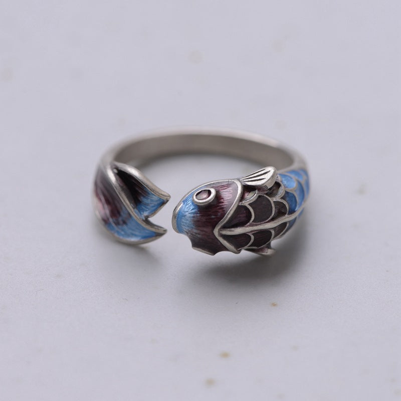 S925 Silver Retro Classical Roasted Blue Carp Koi Ring - The Number 1 Things