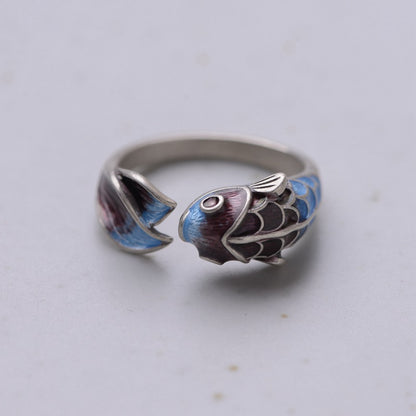 S925 Silver Retro Classical Roasted Blue Carp Koi Ring - The Number 1 Things