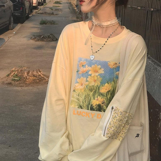 Autumn Japanese Oil Painting Style Sweet Flower Printed Long-sleeved Top - The Number 1 Things