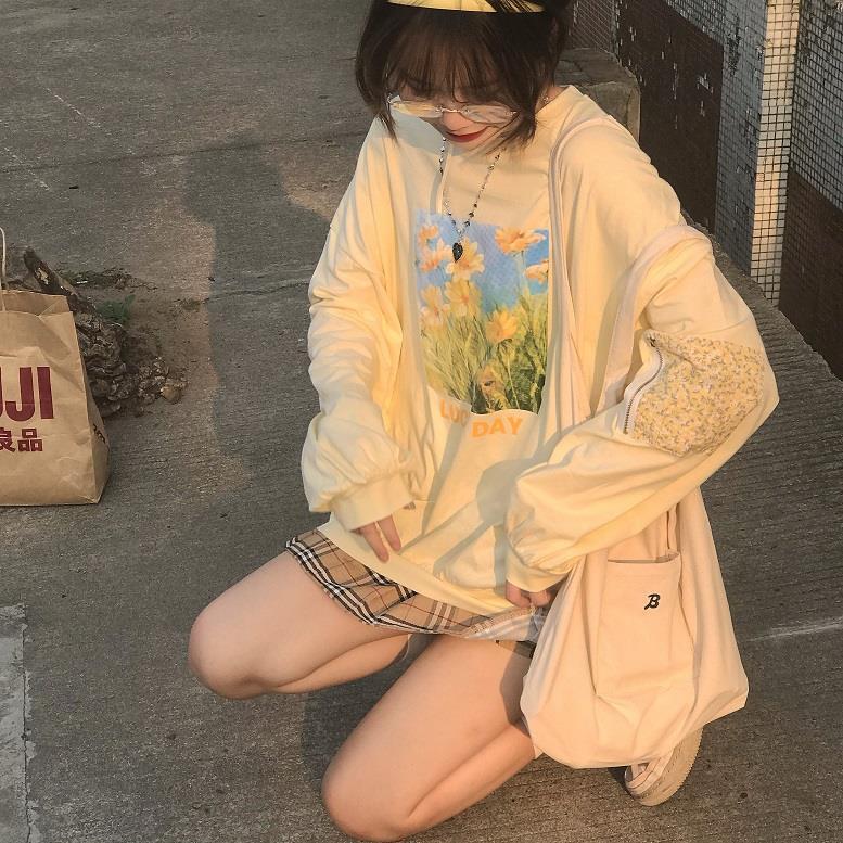Autumn Japanese Oil Painting Style Sweet Flower Printed Long-sleeved Top - The Number 1 Things