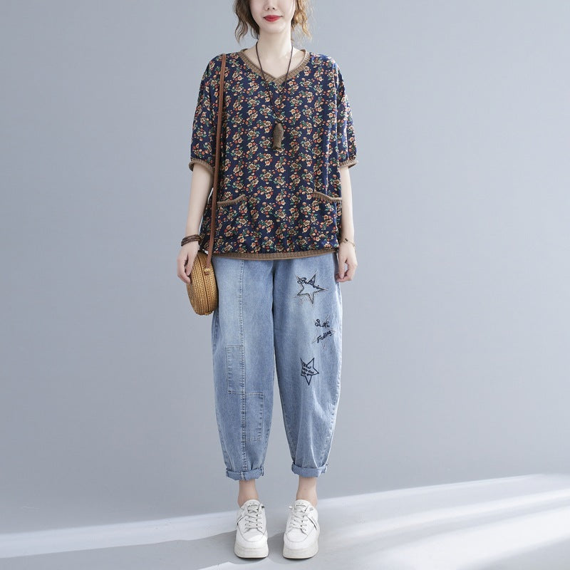 Women's Printed V-neck Short-sleeved Blouse - The Number 1 Things
