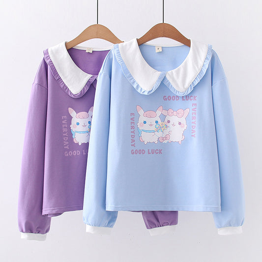 Japanese Lace Lapel Two Rabbit T-shirt Women
