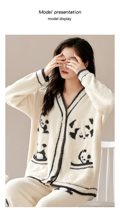 Coral Velvet Pajamas Women's Velvet Thickening Outfit Autumn And Winter Half Velvet Panda Home Wear Can Be Worn Outside