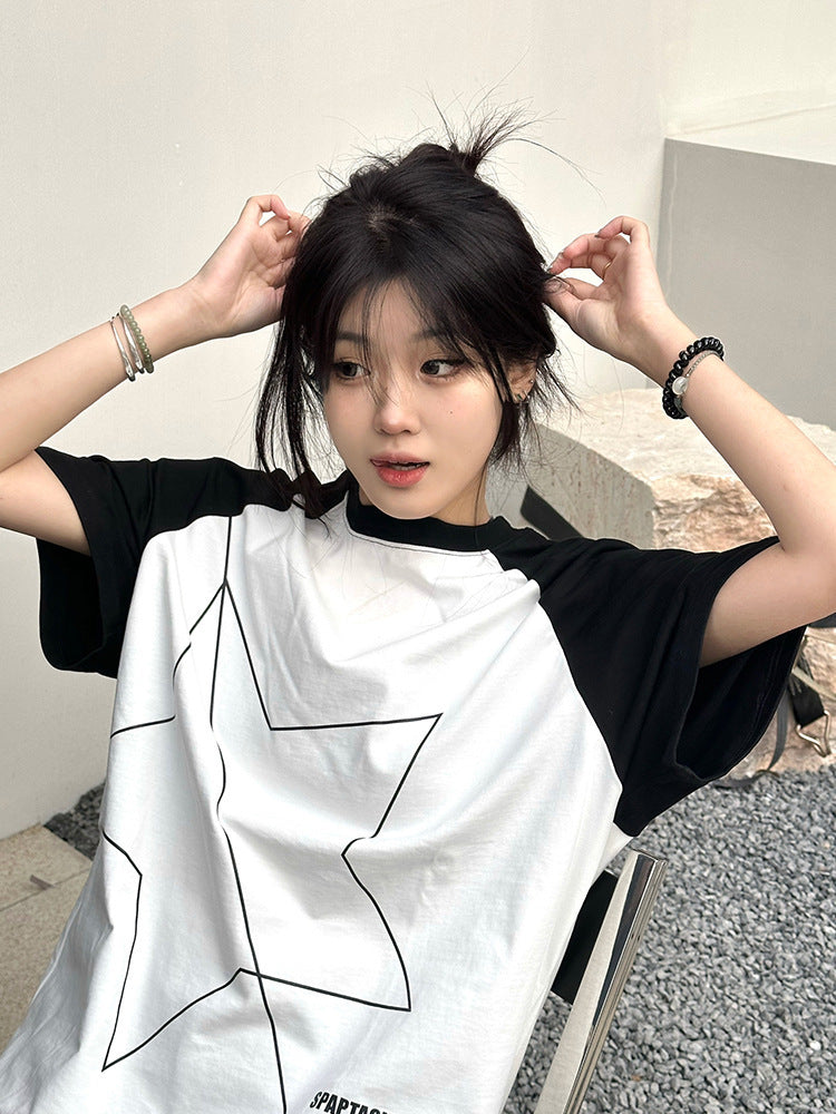 White Raglan Sleeve XINGX Printing Color Contrast Niche Design Top - The Number 1 Things