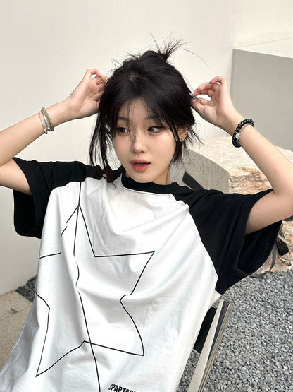 White Raglan Sleeve XINGX Printing Color Contrast Niche Design Top - The Number 1 Things