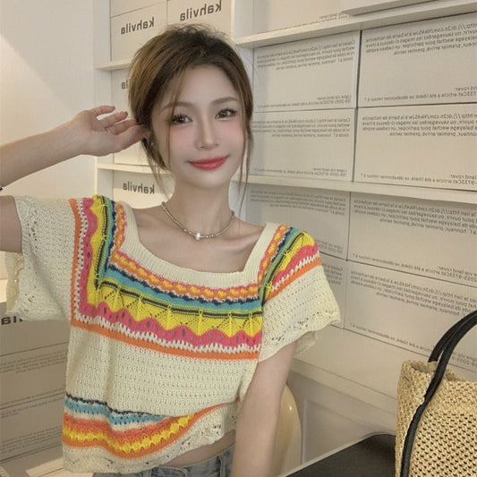 Summer Slim Chic Contrast Color Stripes Square Collar Short Sleeve - The Number 1 Things