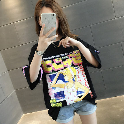 Super fire loose short-sleeved t-shirt women's cotton net red clothes women ins tide