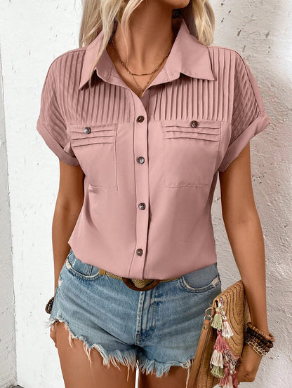 Lapel Shoulder Pleated Pocket Short Sleeve Top ShirtT-shirt Women - The Number 1 Things