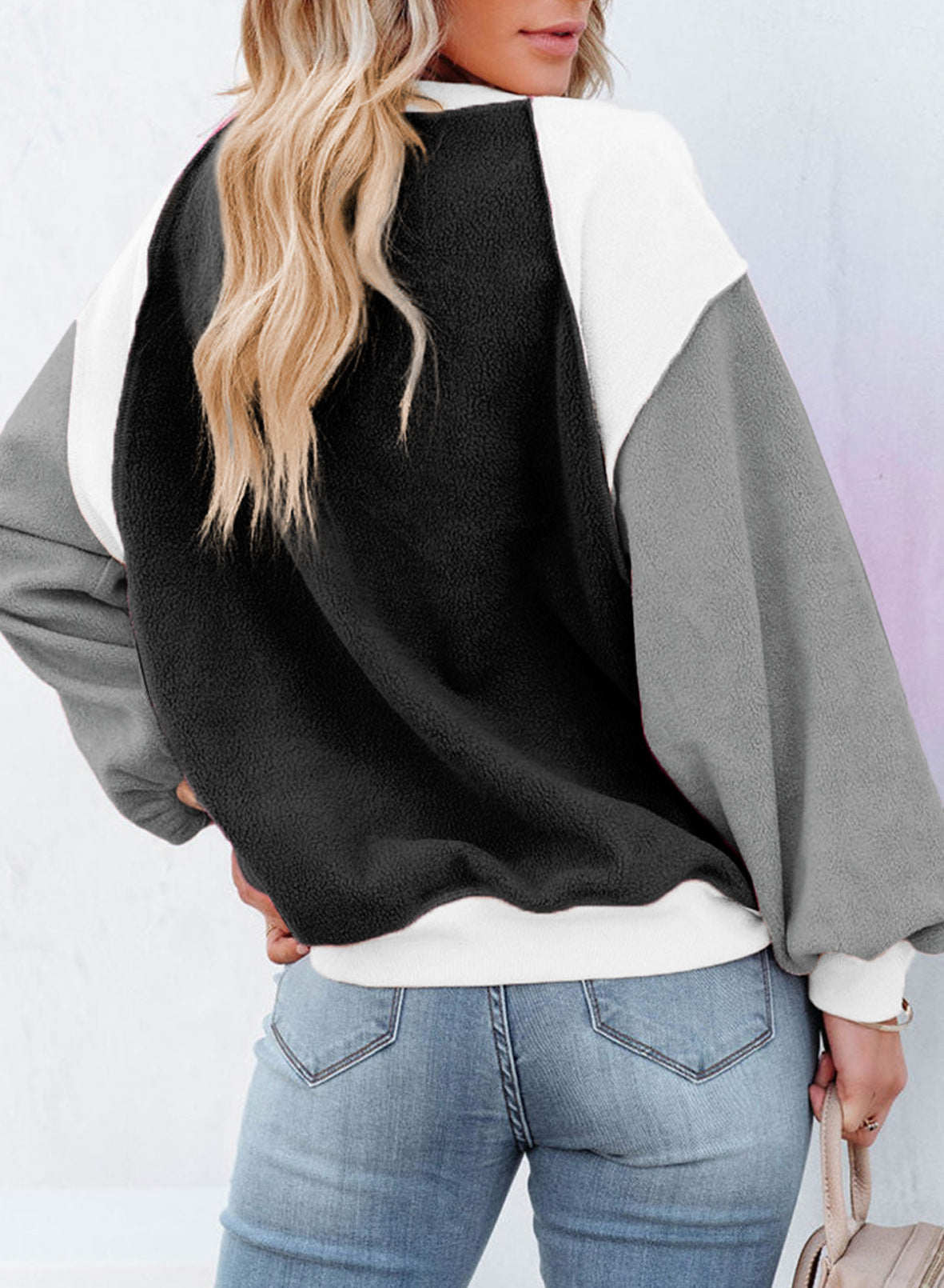 Fleece Lantern Sleeve Sweater Plush Contrast Color Long Sleeve Pullover Top - The Number 1 Things