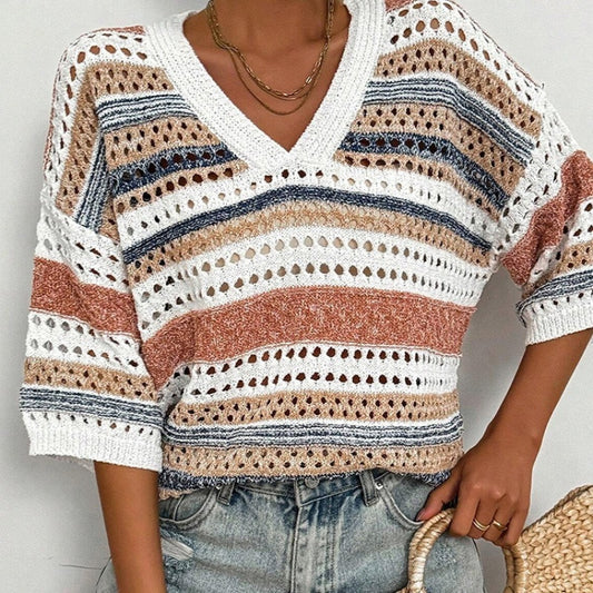 Autumn New Color Matching Hollow Out V-neck Sweater For Women - The Number 1 Things