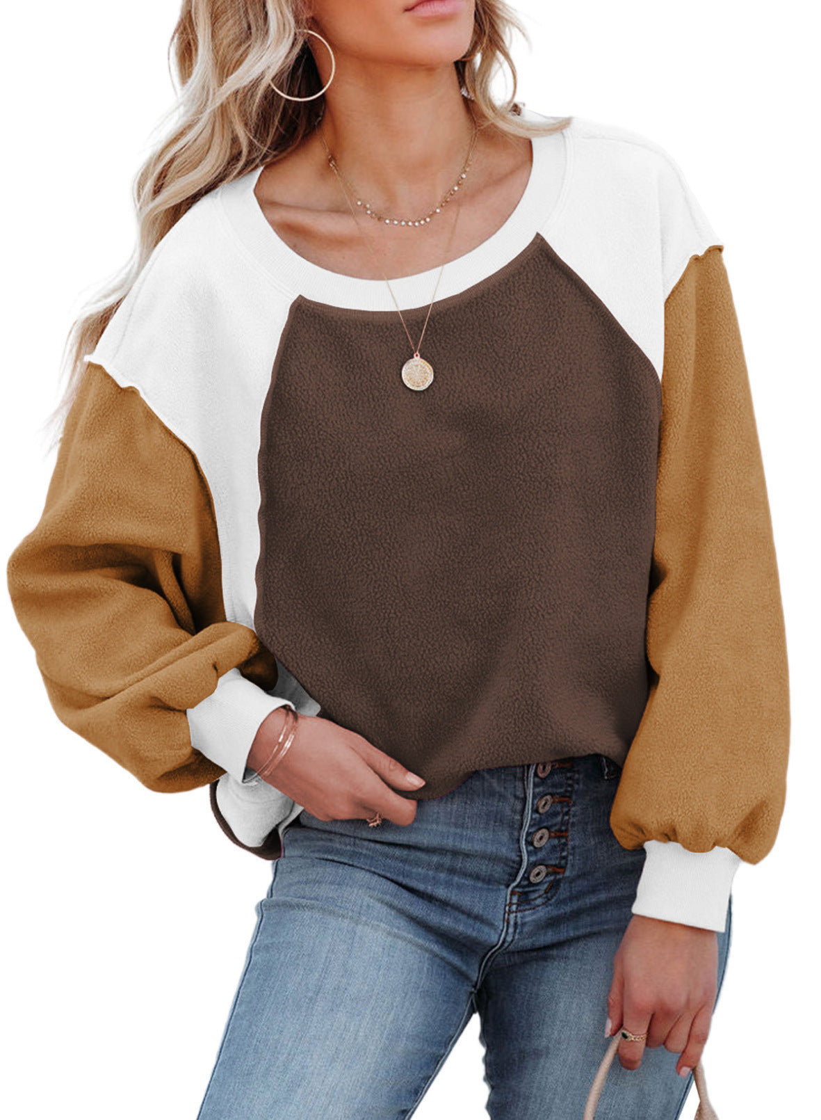 Fleece Lantern Sleeve Sweater Plush Contrast Color Long Sleeve Pullover Top - The Number 1 Things