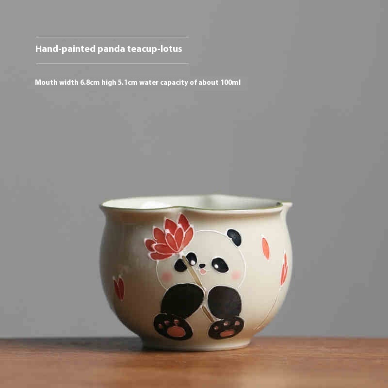 Hand Painted Panda Tea Cup Grass Wood Gray Ceramic High Temperature Underglaze Color