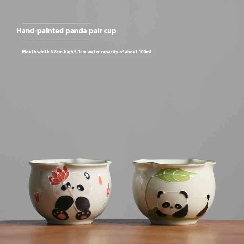 Hand Painted Panda Tea Cup Grass Wood Gray Ceramic High Temperature Underglaze Color