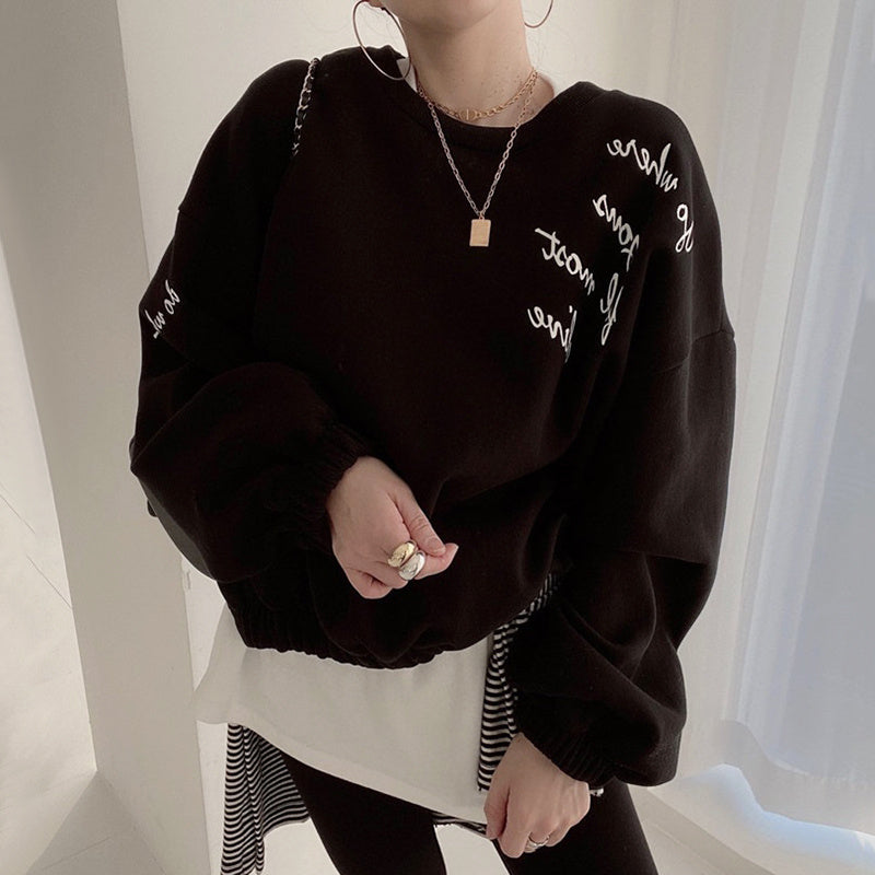 Women's Simple Round Neck Pullover Letter Print Loose Sweater - The Number 1 Things