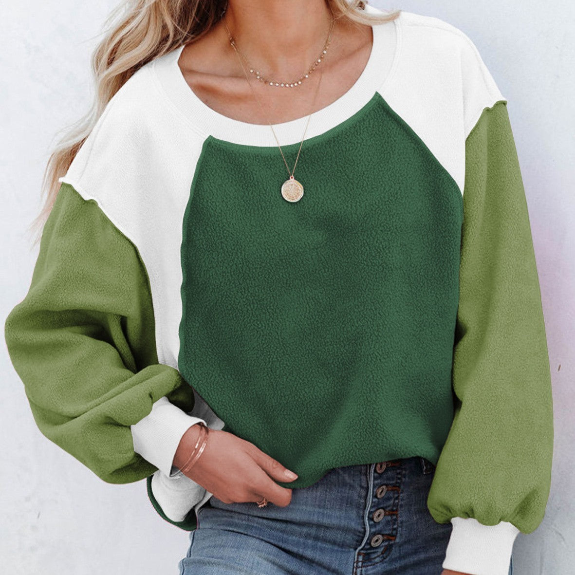 Fleece Lantern Sleeve Sweater Plush Contrast Color Long Sleeve Pullover Top - The Number 1 Things