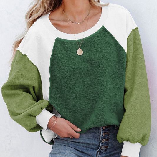 Fleece Lantern Sleeve Sweater Plush Contrast Color Long Sleeve Pullover Top - The Number 1 Things