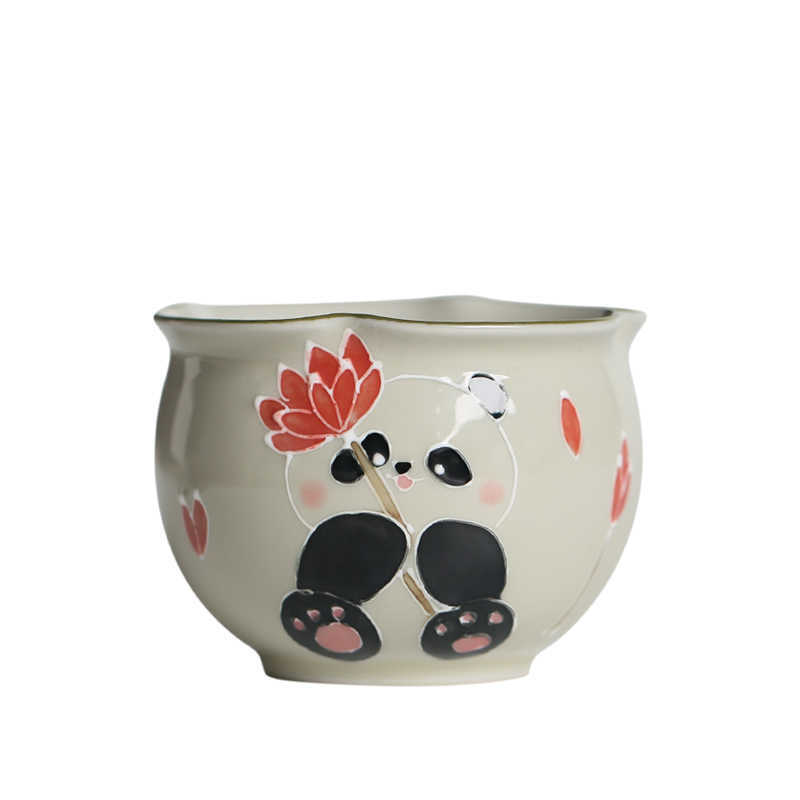 Hand Painted Panda Tea Cup Grass Wood Gray Ceramic High Temperature Underglaze Color