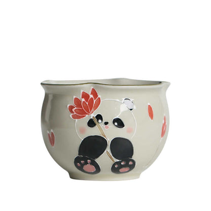 Hand Painted Panda Tea Cup Grass Wood Gray Ceramic High Temperature Underglaze Color