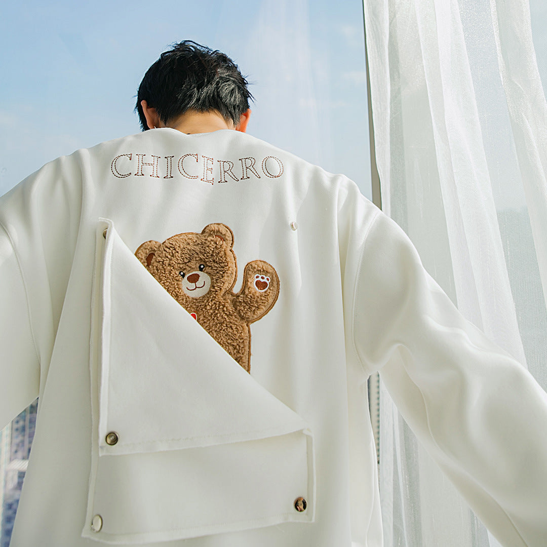 Turtleneck Long-sleeved Top Design Sense Of Flocking Letters On The Back Cute Bear Loose Round Neck Sweater