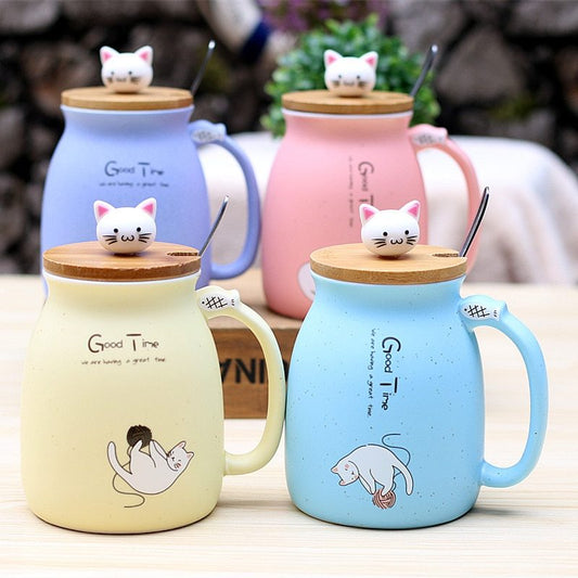 450ml Cartoon Ceramics Cat Mug With Lid and Spoon Coffee Milk Tea Mugs Breakfast Cup Drinkware Novelty Gifts - The Number 1 Things
