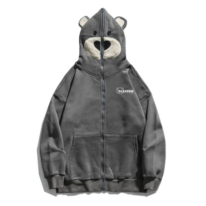 Bear embroidered couple zipper cardigan jacket