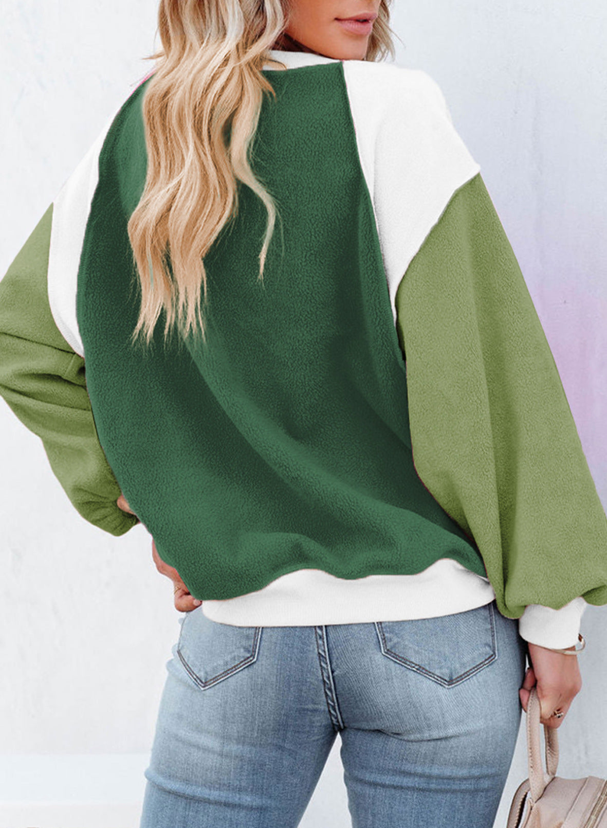 Fleece Lantern Sleeve Sweater Plush Contrast Color Long Sleeve Pullover Top - The Number 1 Things